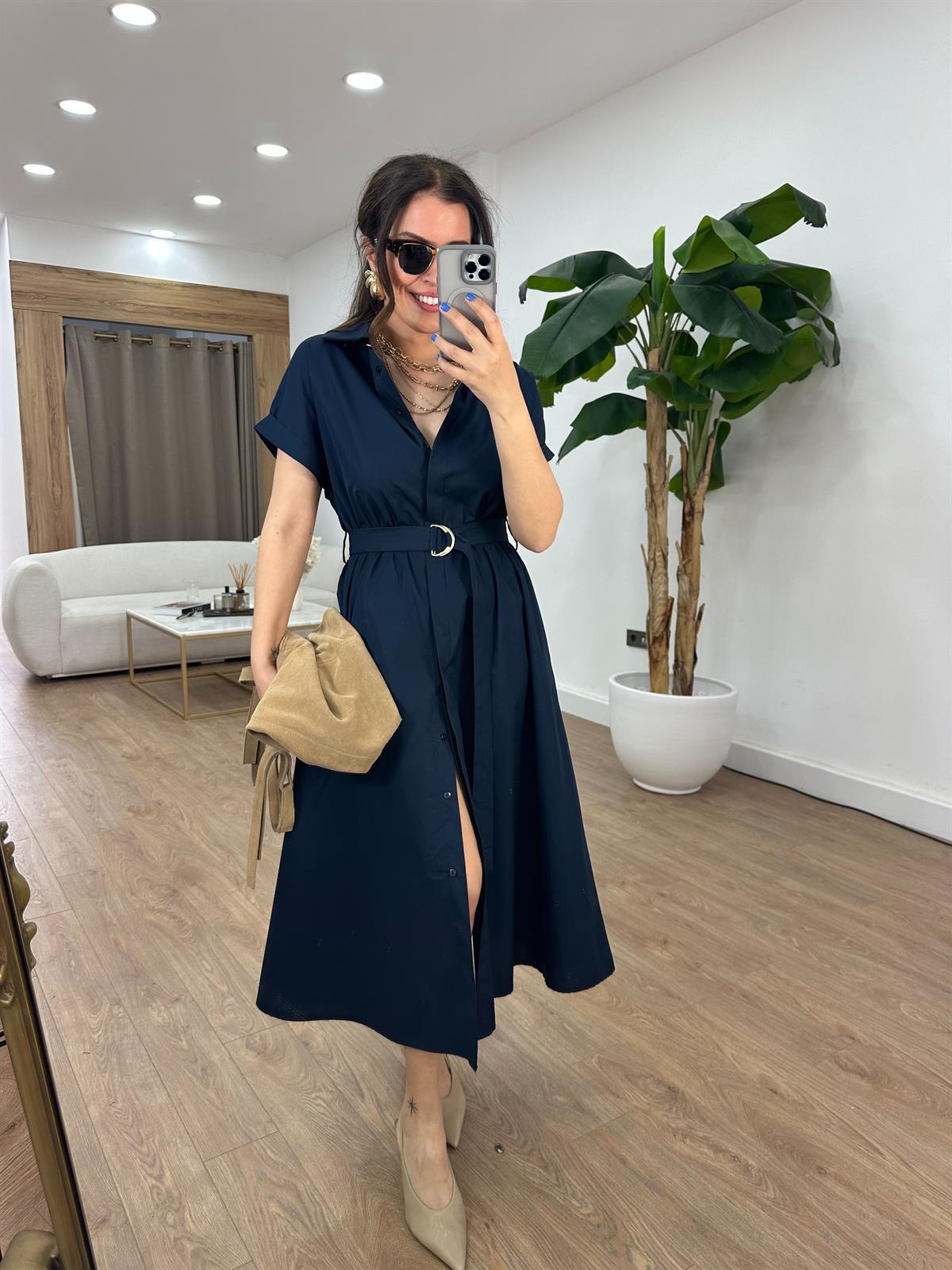 Beli Lastikli Kuşaklı Midi Elbise - Lacivert