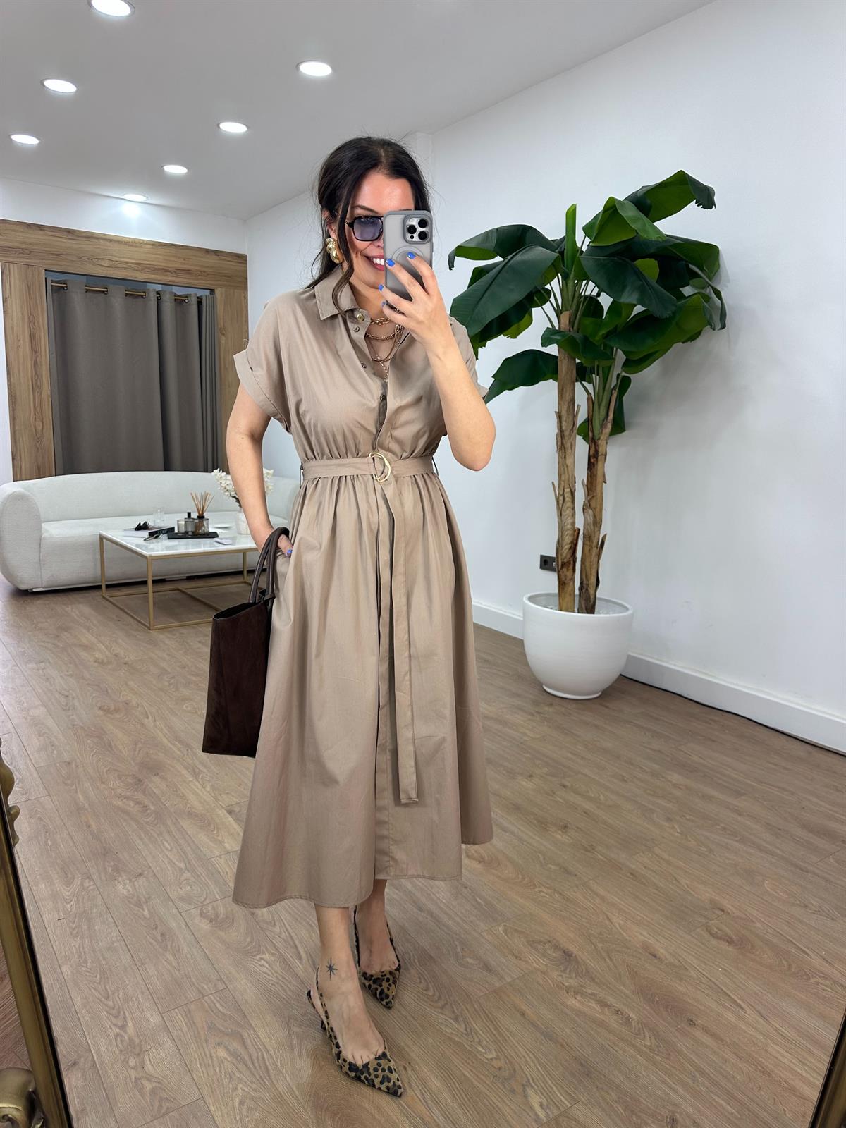 Beli Lastikli Kuşaklı Midi Elbise - Vizon