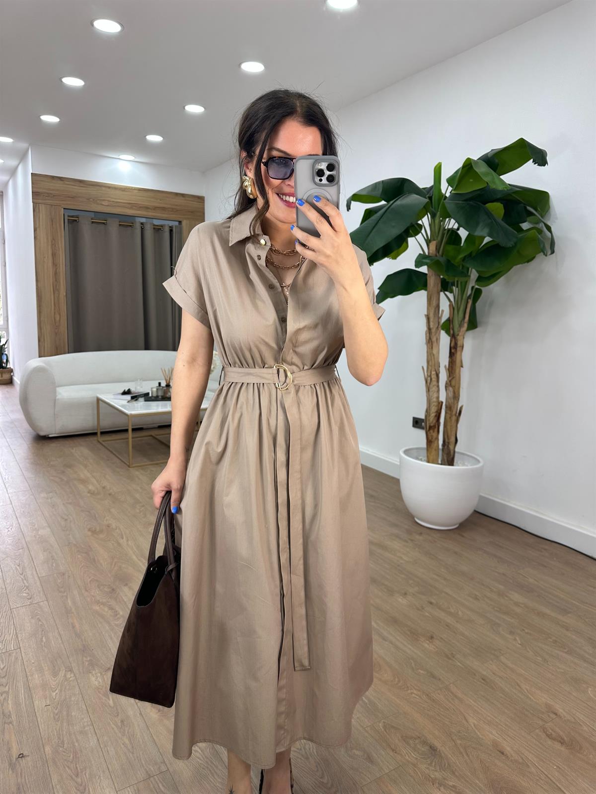 Beli Lastikli Kuşaklı Midi Elbise - Vizon