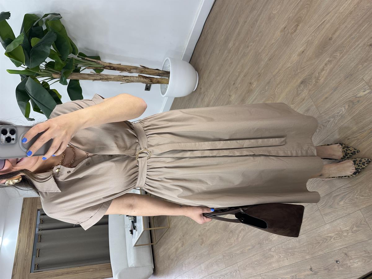 Beli Lastikli Kuşaklı Midi Elbise - Vizon