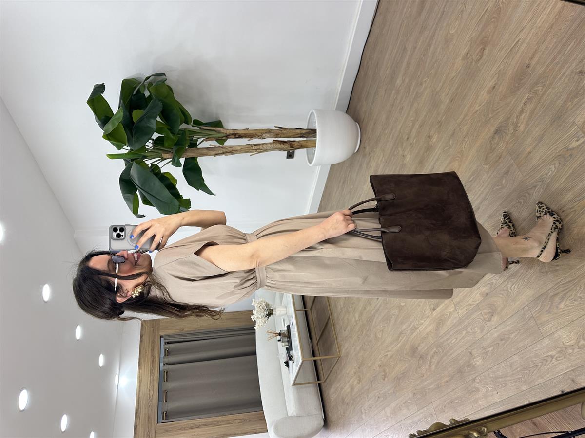 Beli Lastikli Kuşaklı Midi Elbise - Vizon