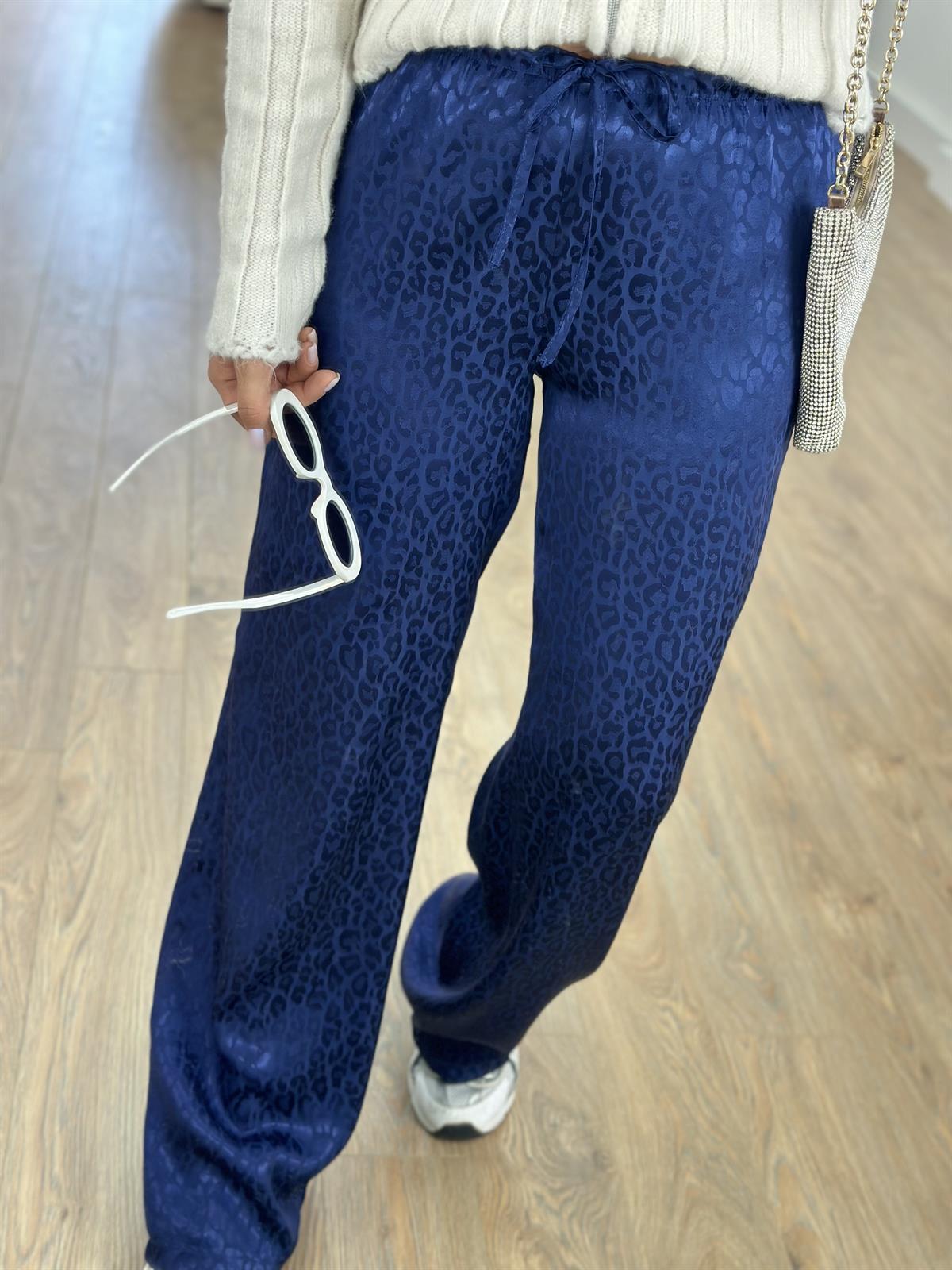 Beli Lastikli Leopar Desen Saten Pantolon-Lacivert