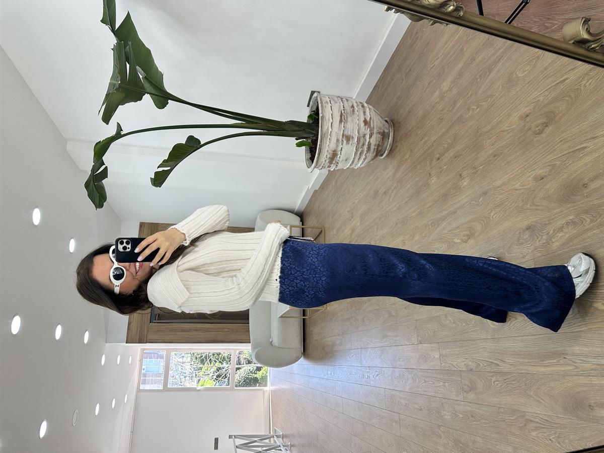 Beli Lastikli Leopar Desen Saten Pantolon-Lacivert