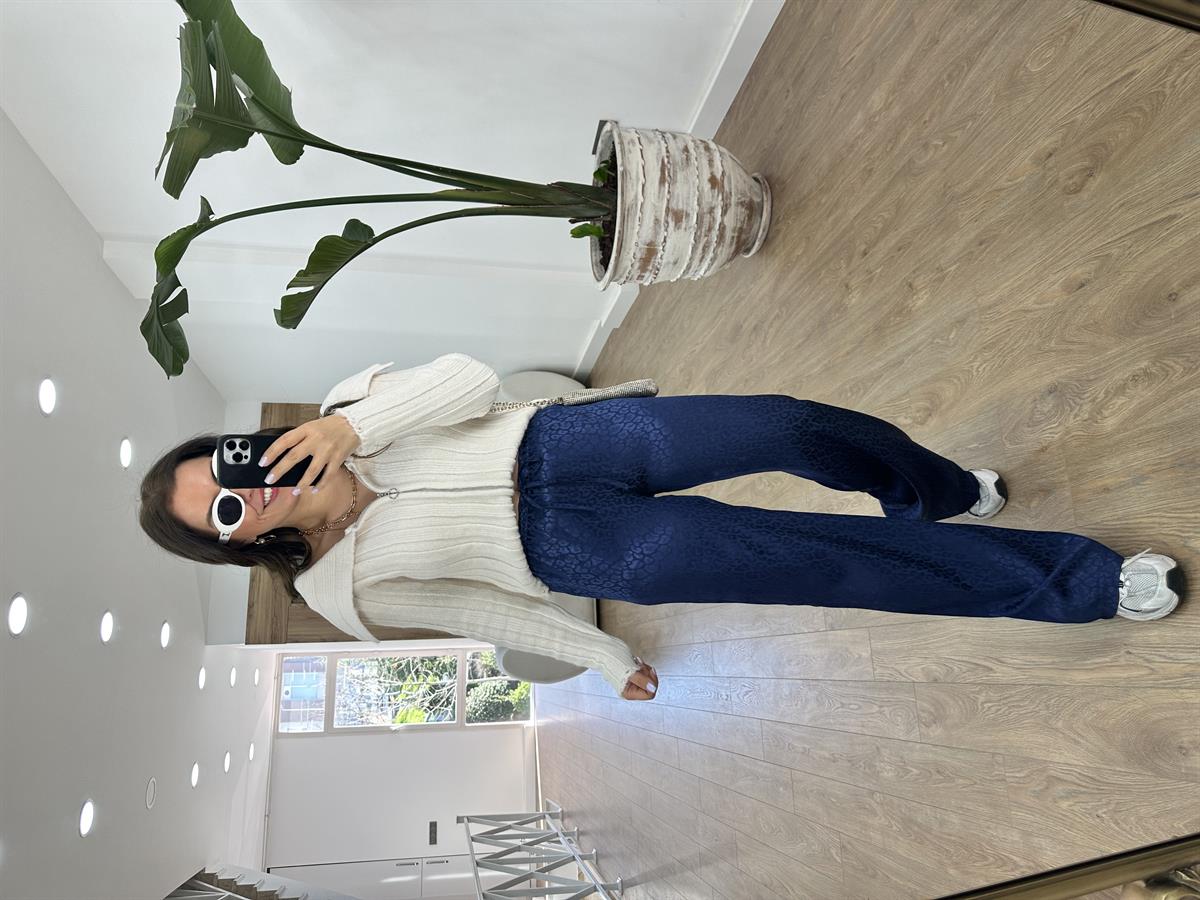 Beli Lastikli Leopar Desen Saten Pantolon-Lacivert