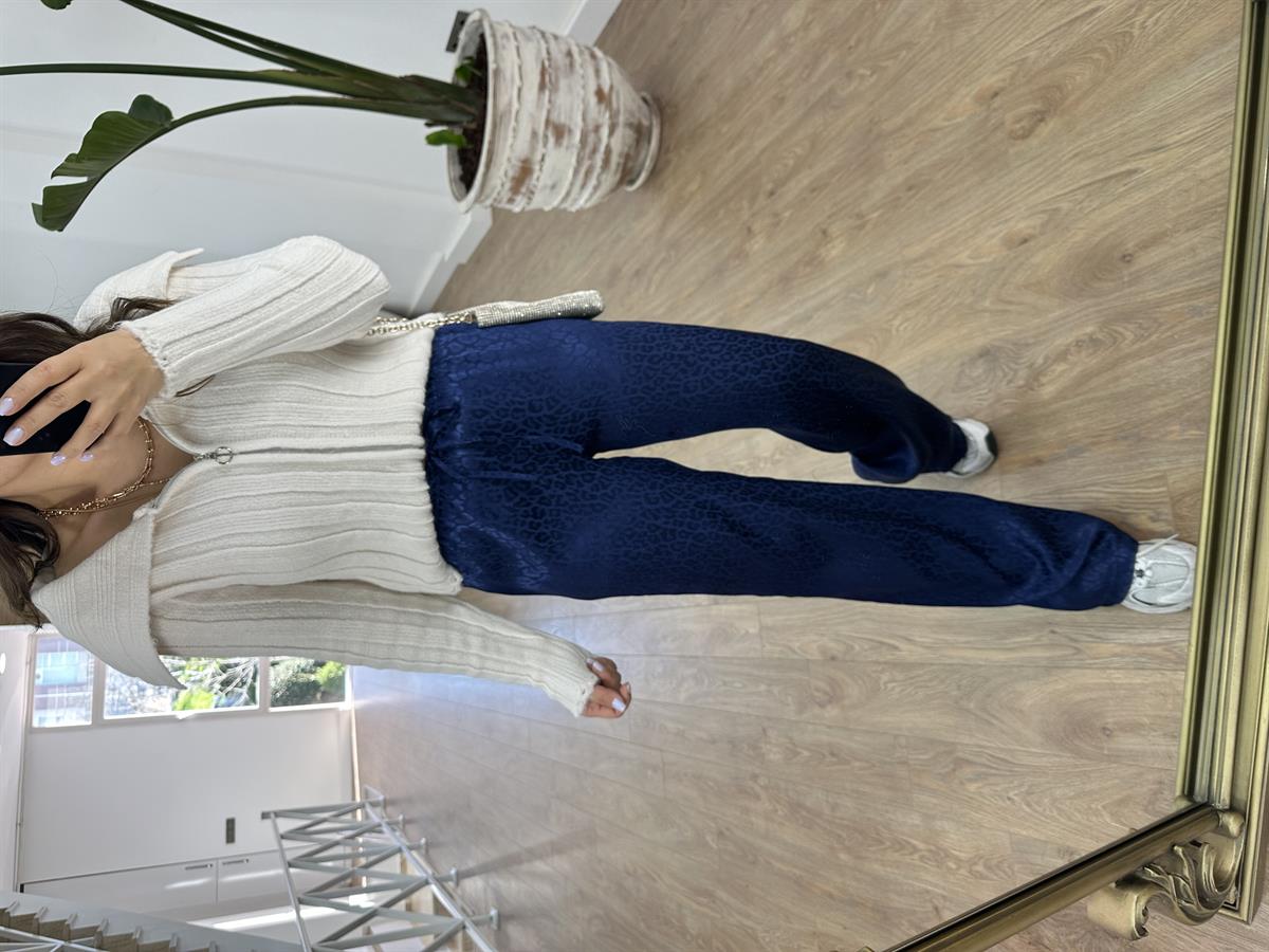 Beli Lastikli Leopar Desen Saten Pantolon-Lacivert