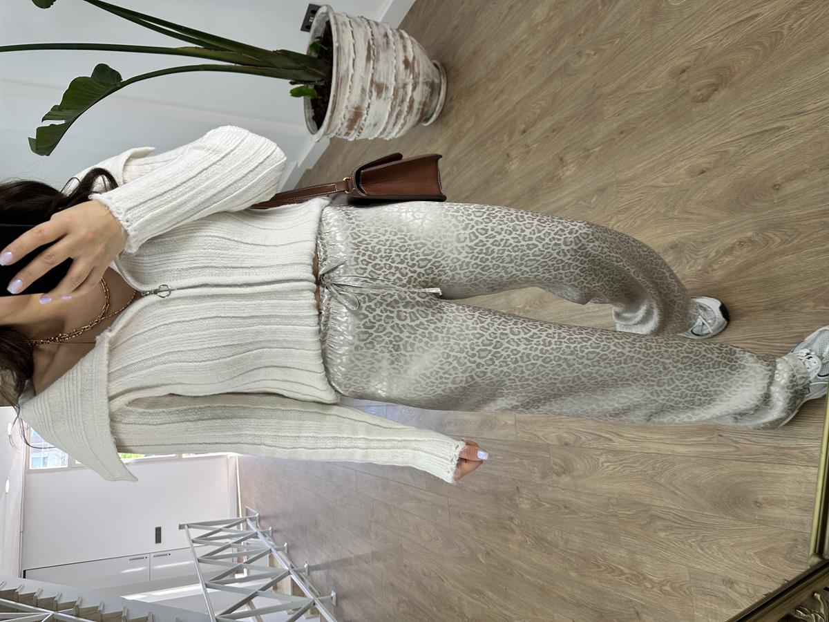 Beli Lastikli Leopar Desen Saten Pantolon-Ekru