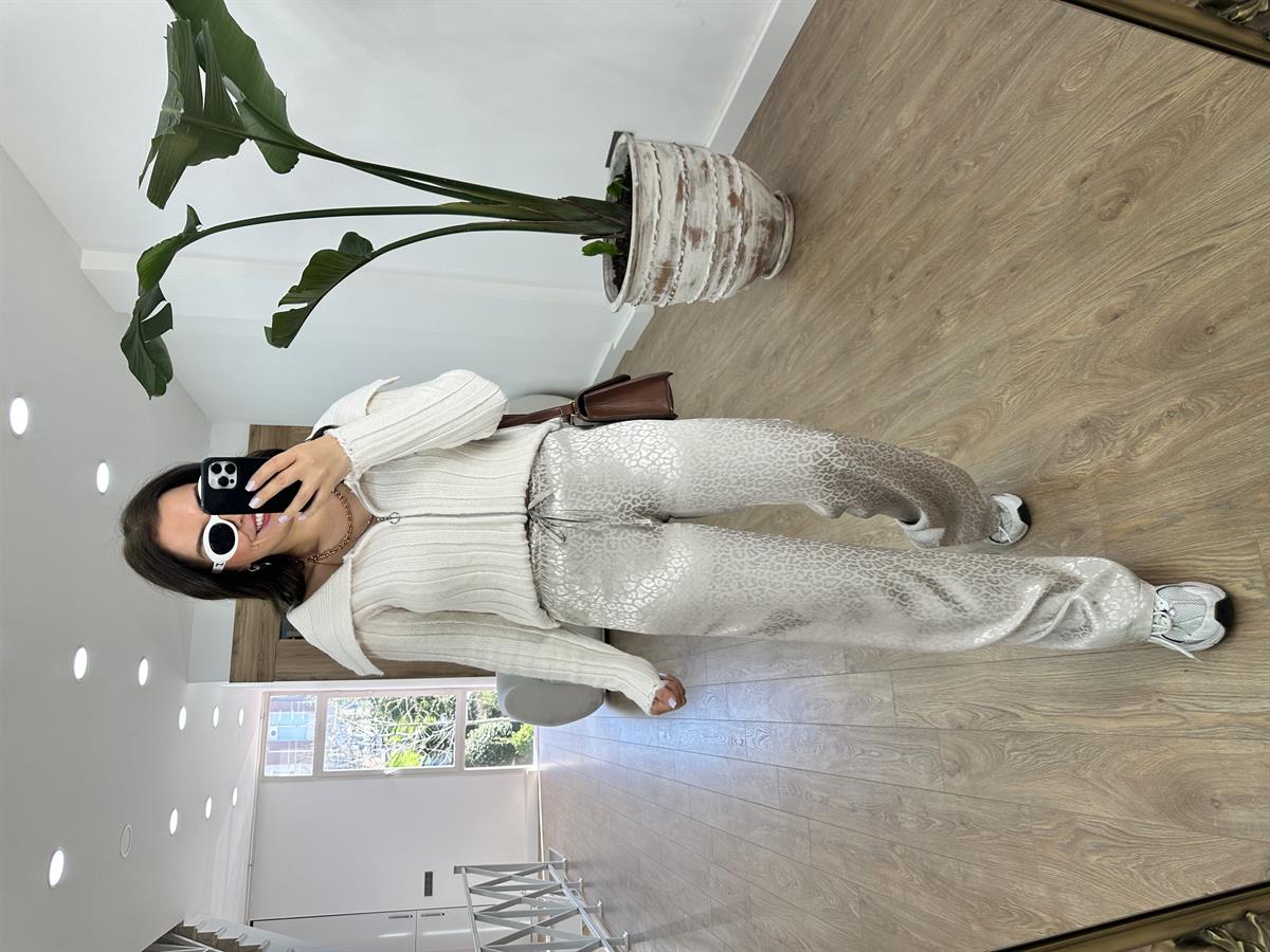 Beli Lastikli Leopar Desen Saten Pantolon-Ekru