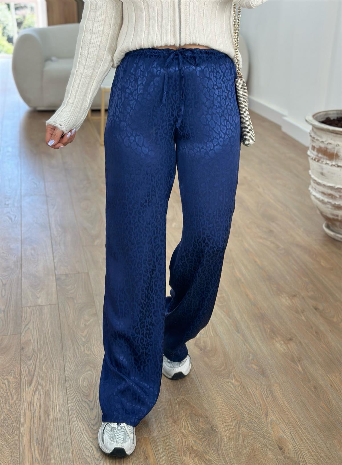 Beli Lastikli Leopar Desen Saten Pantolon-Lacivert