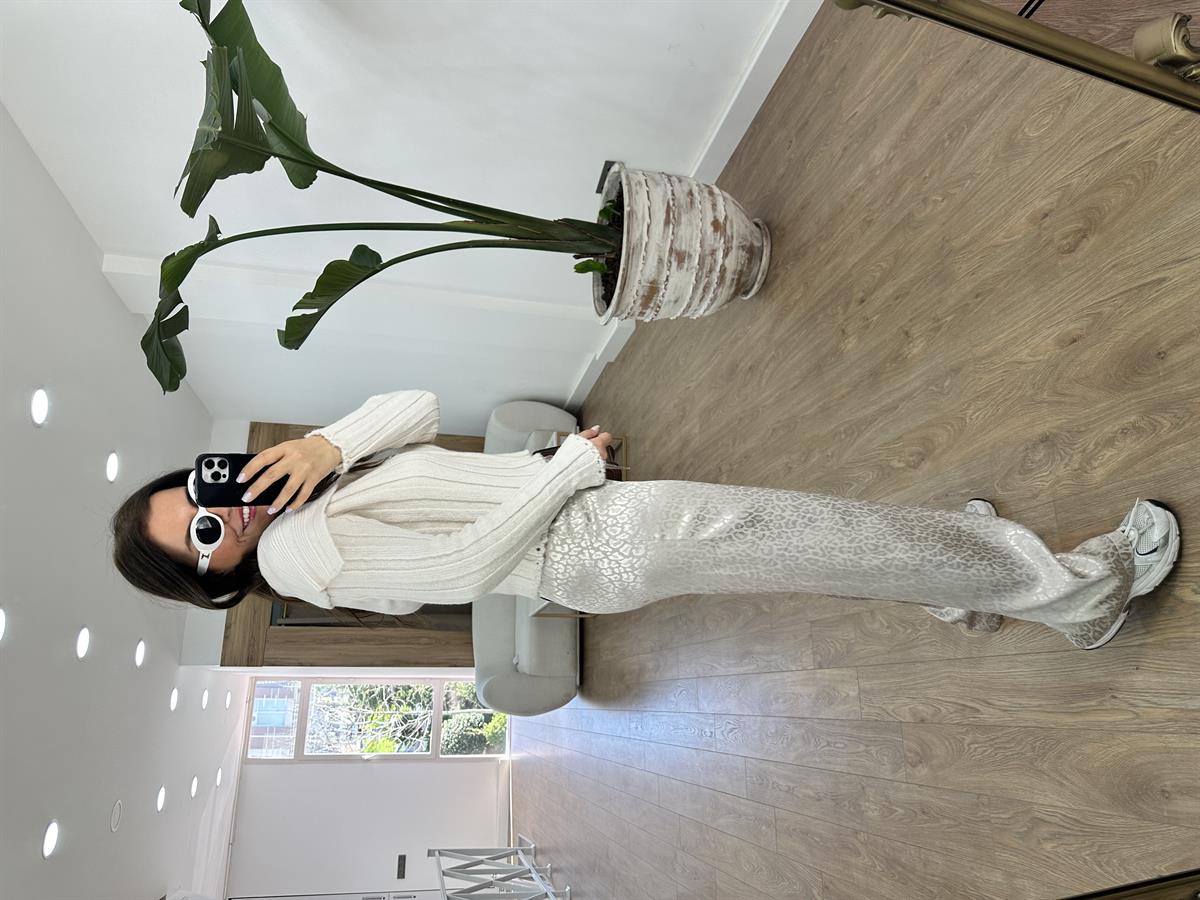 Beli Lastikli Leopar Desen Saten Pantolon-Ekru