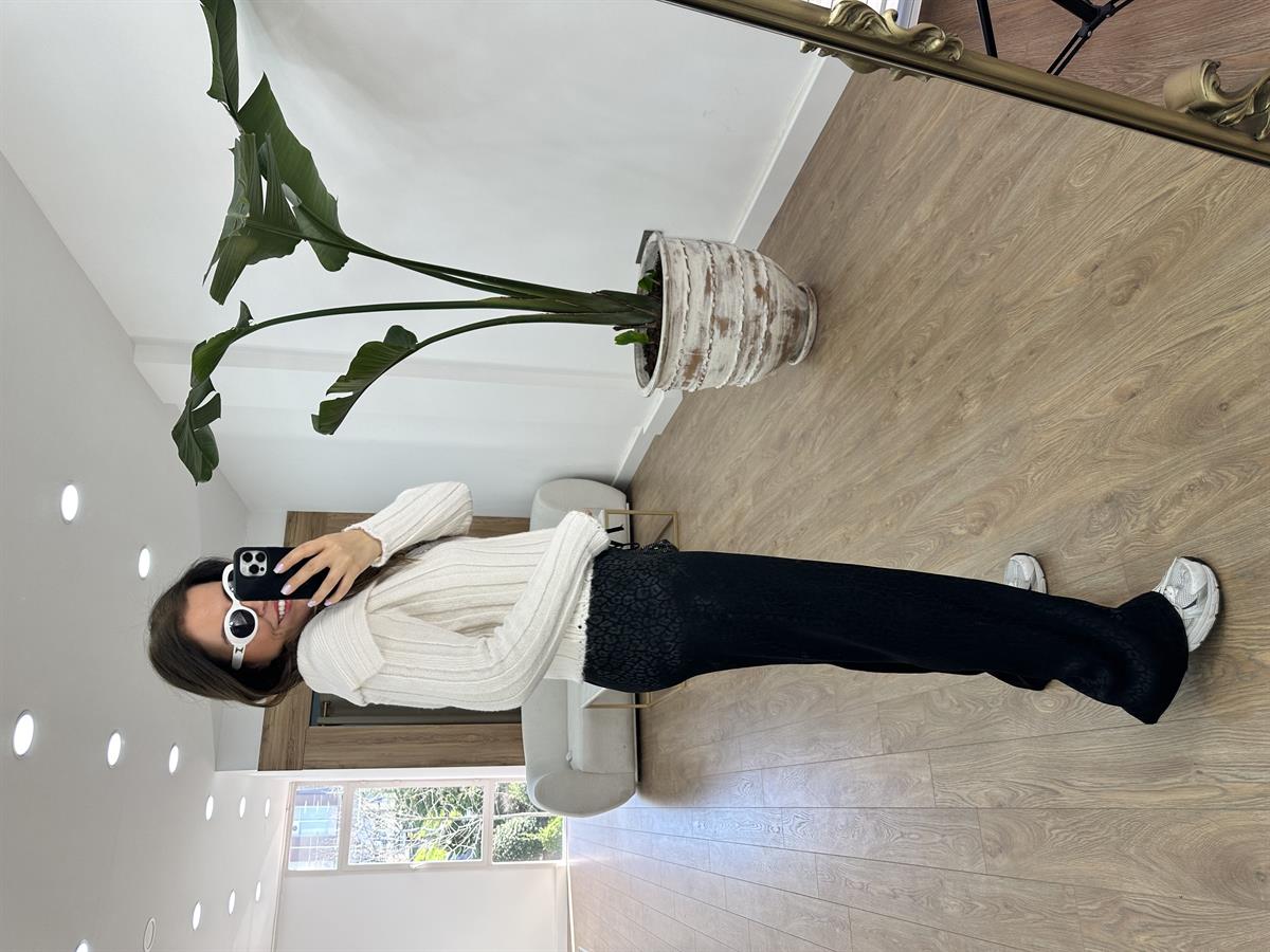 Beli Lastikli Leopar Desen Saten Pantolon-Siyah