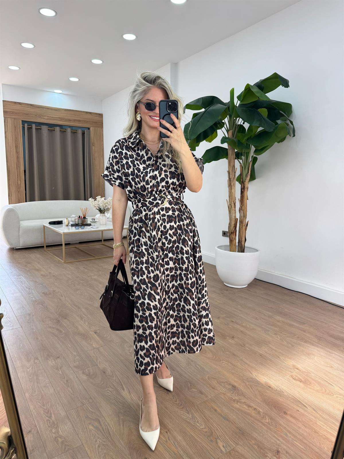 Beli Lastikli Leopar Midi Elbise