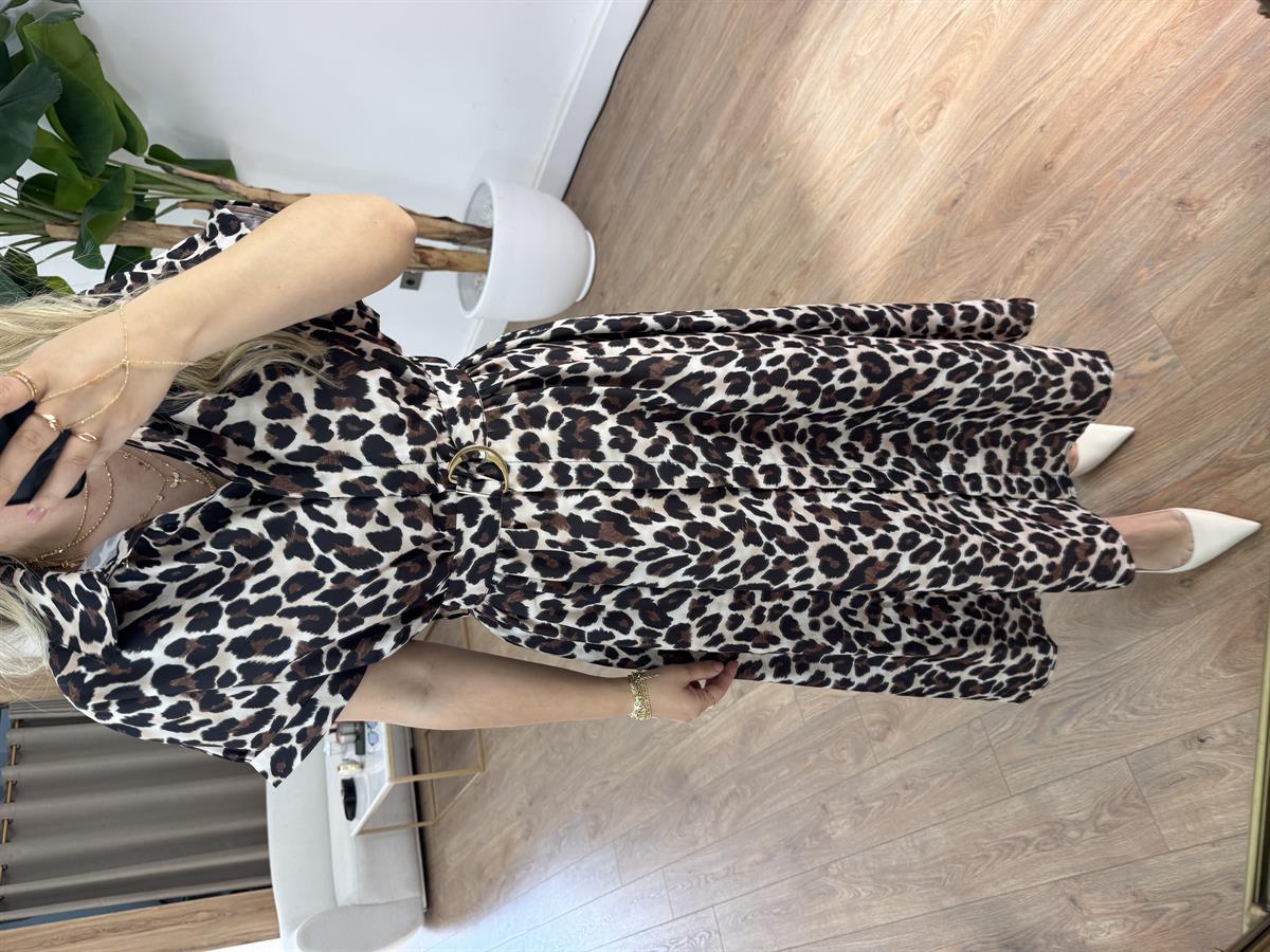 Beli Lastikli Leopar Midi Elbise