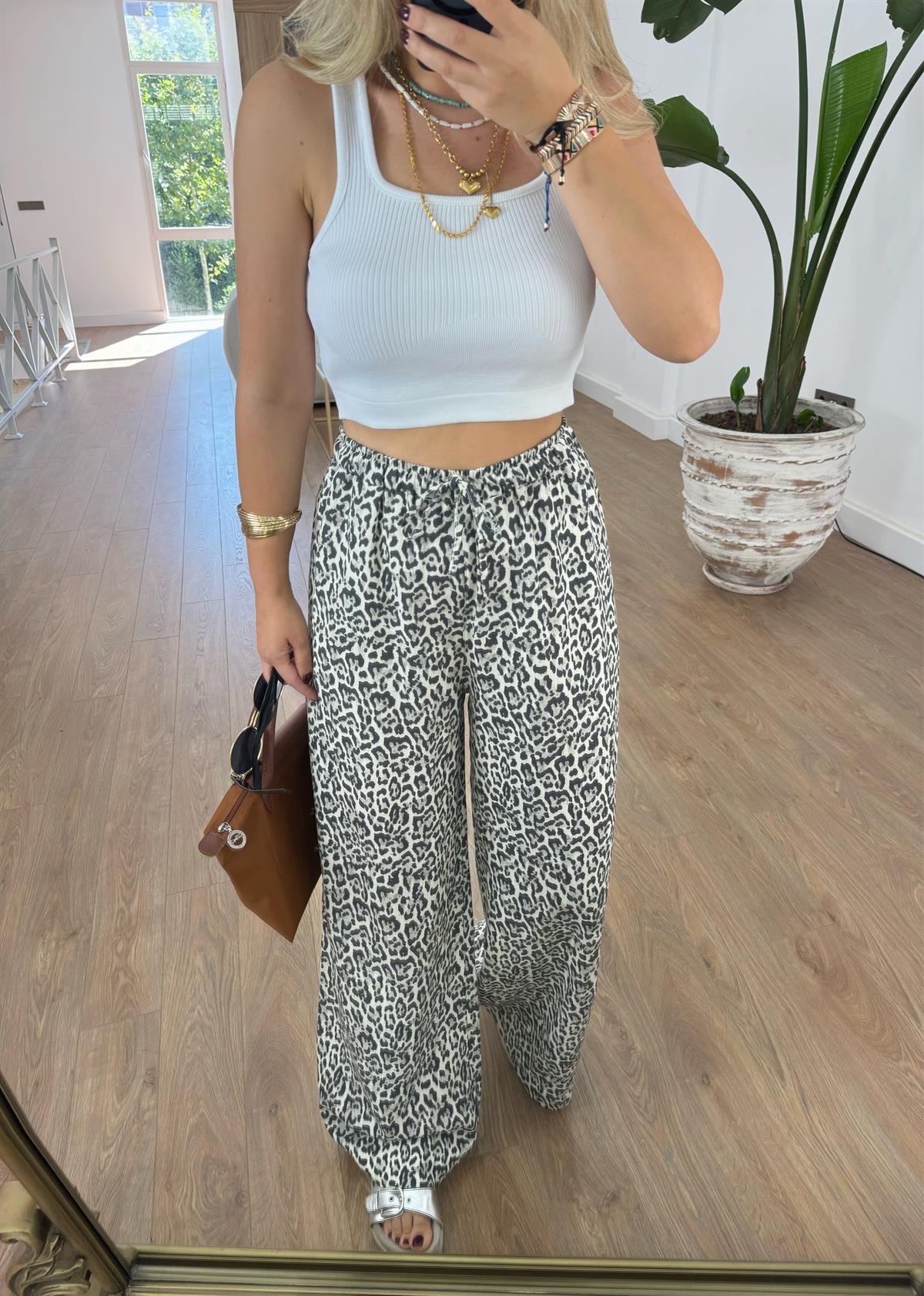 Beli Lastikli Leopar Palazzo Pantolon