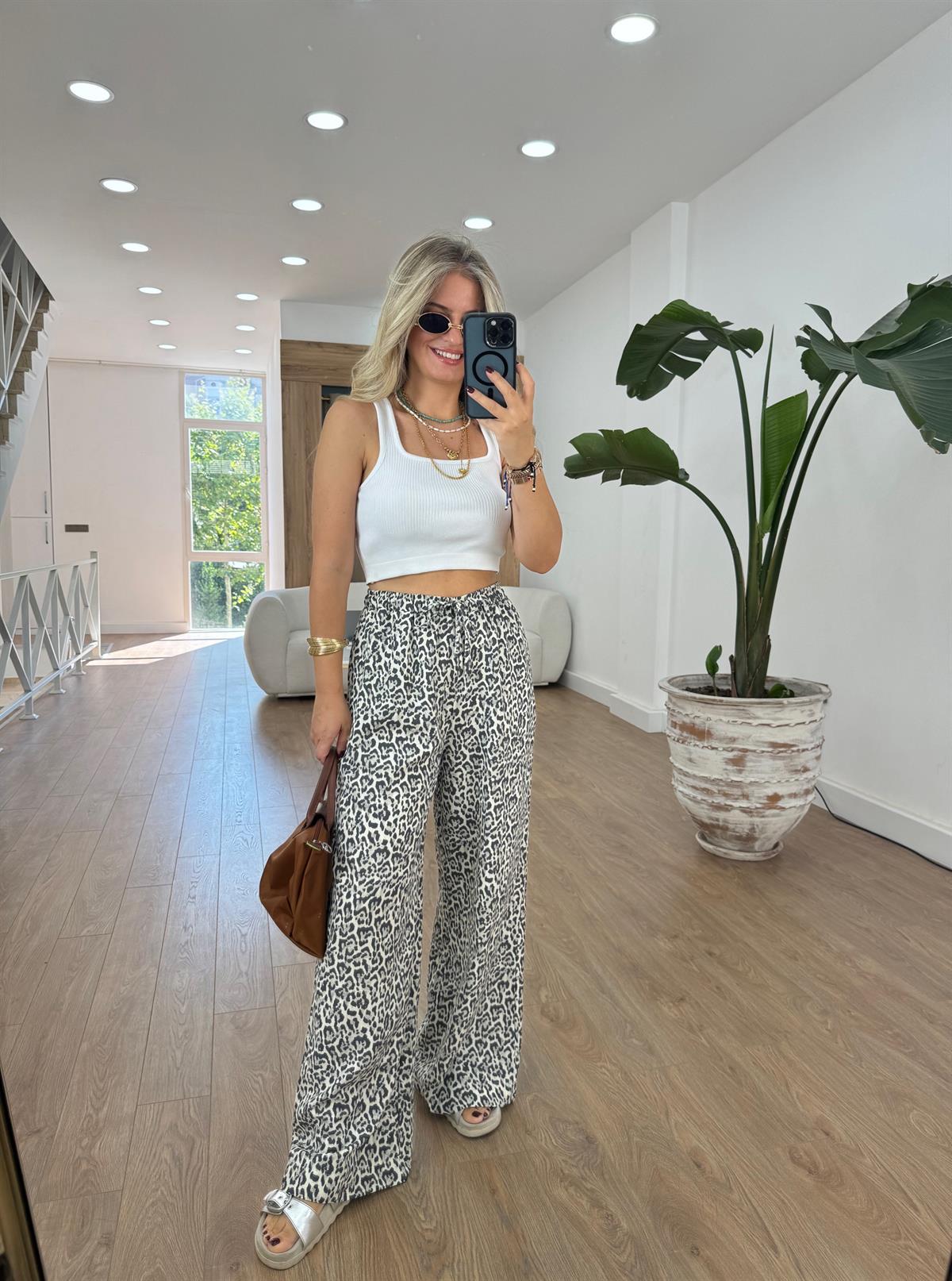 Beli Lastikli Leopar Palazzo Pantolon