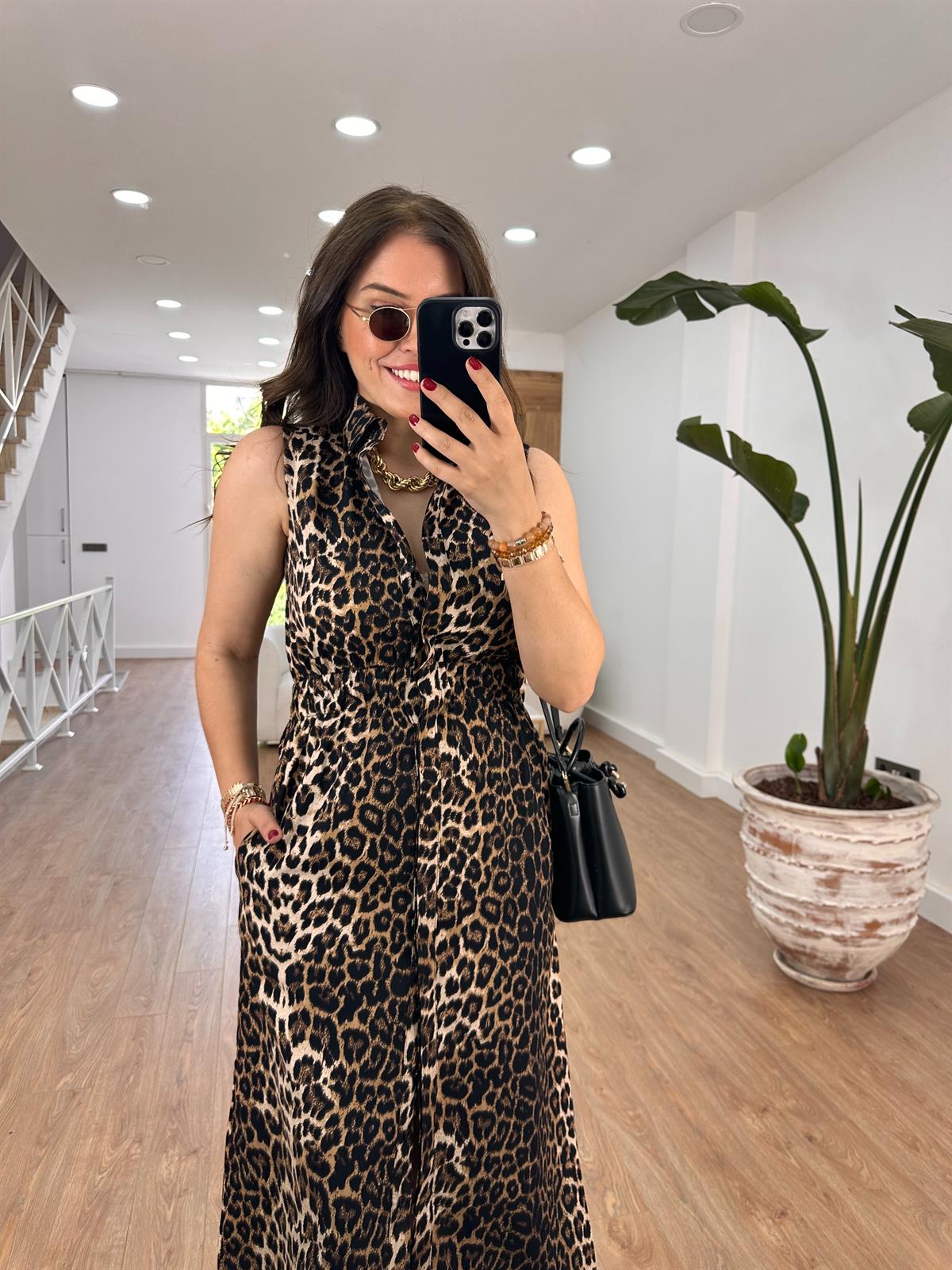 Beli Lastikli Leopar Poplin Elbise