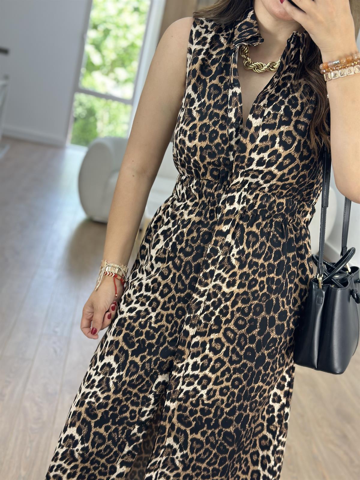 Beli Lastikli Leopar Poplin Elbise