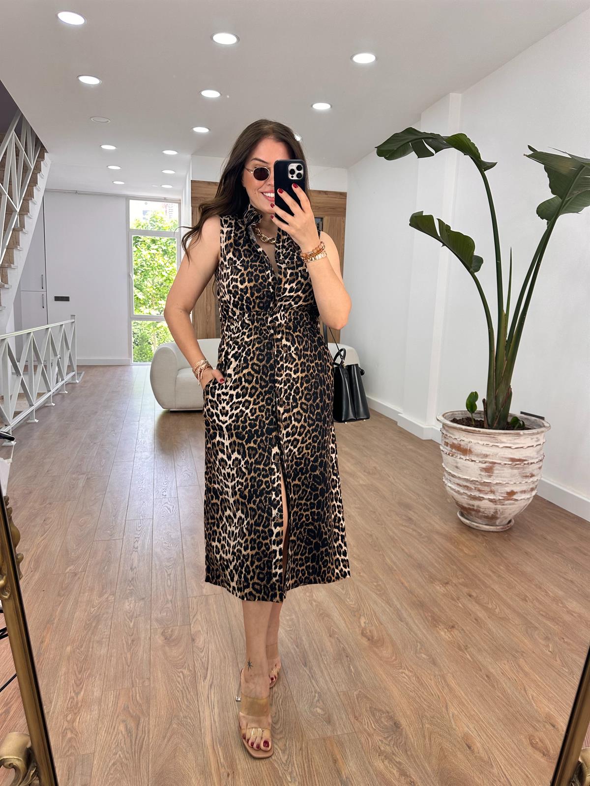 Beli Lastikli Leopar Poplin Elbise