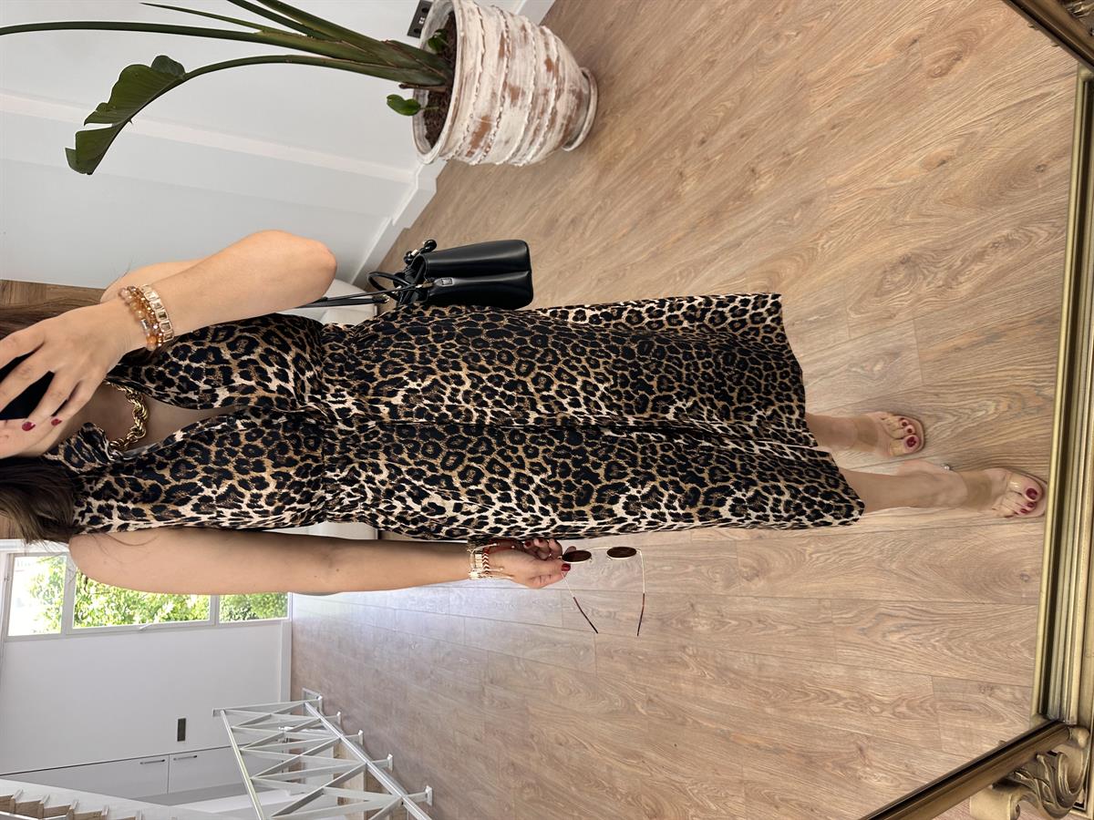 Beli Lastikli Leopar Poplin Elbise