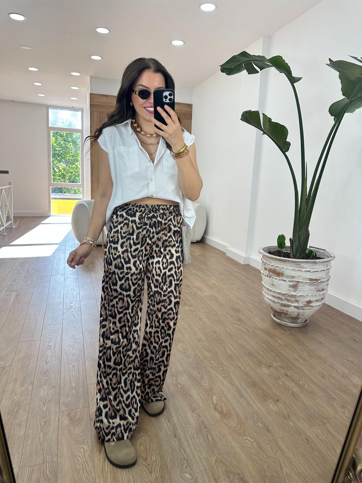 Beli Lastikli Leopar Saten Pantolon