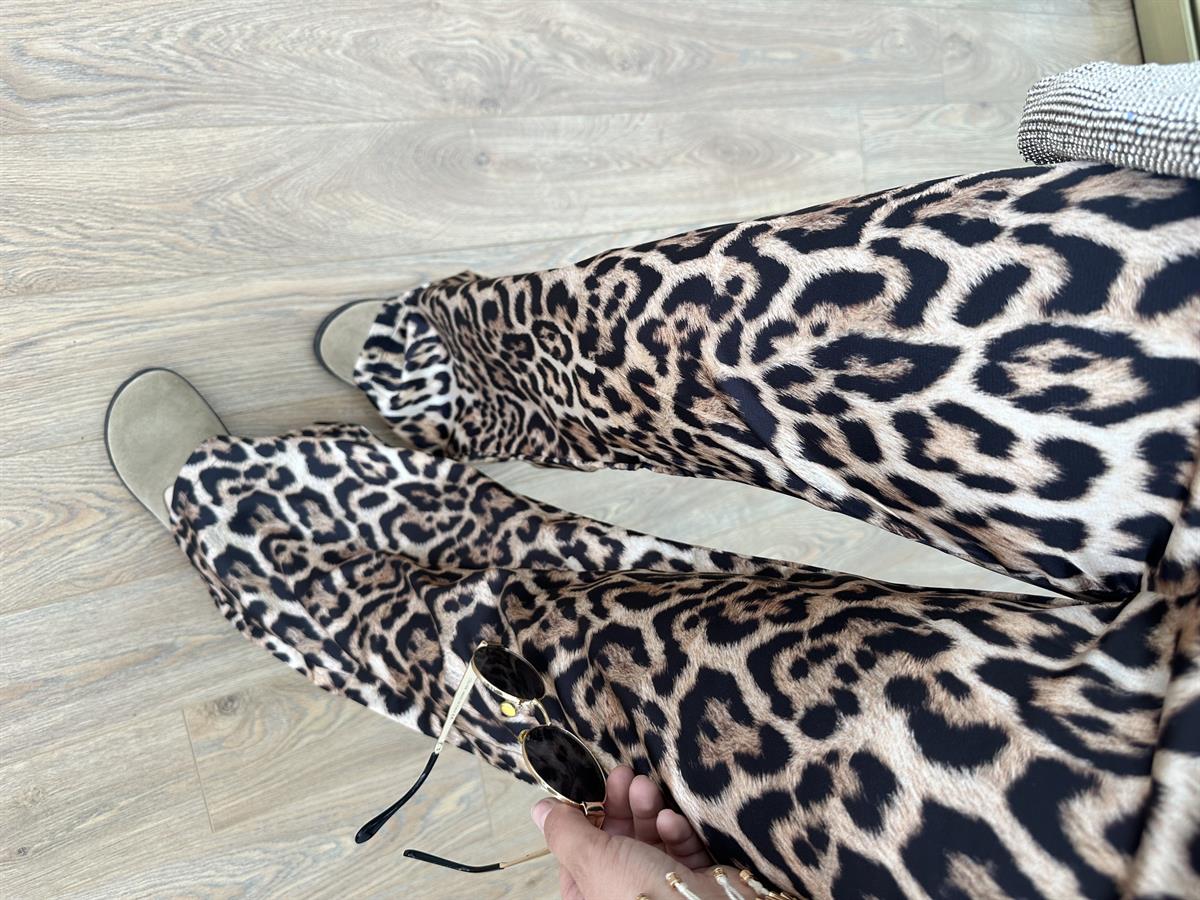 Beli Lastikli Leopar Saten Pantolon