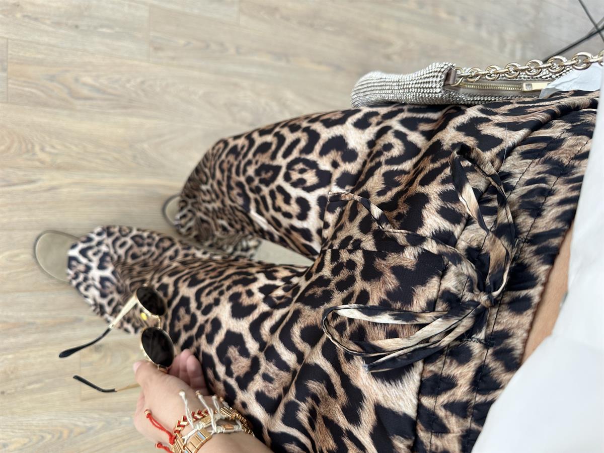 Beli Lastikli Leopar Saten Pantolon