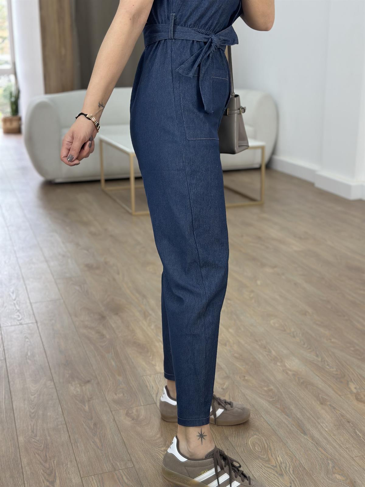 Beli Lastikli Likralı Denim Tulum