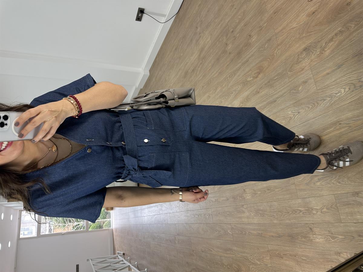 Beli Lastikli Likralı Denim Tulum