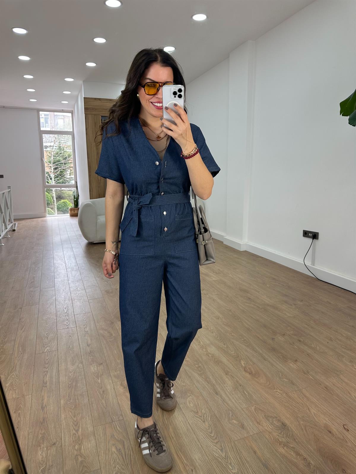 Beli Lastikli Likralı Denim Tulum
