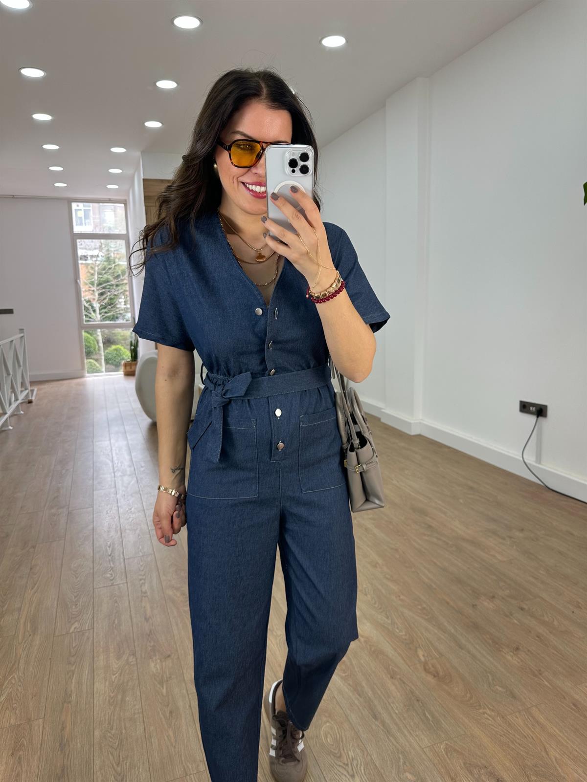 Beli Lastikli Likralı Denim Tulum