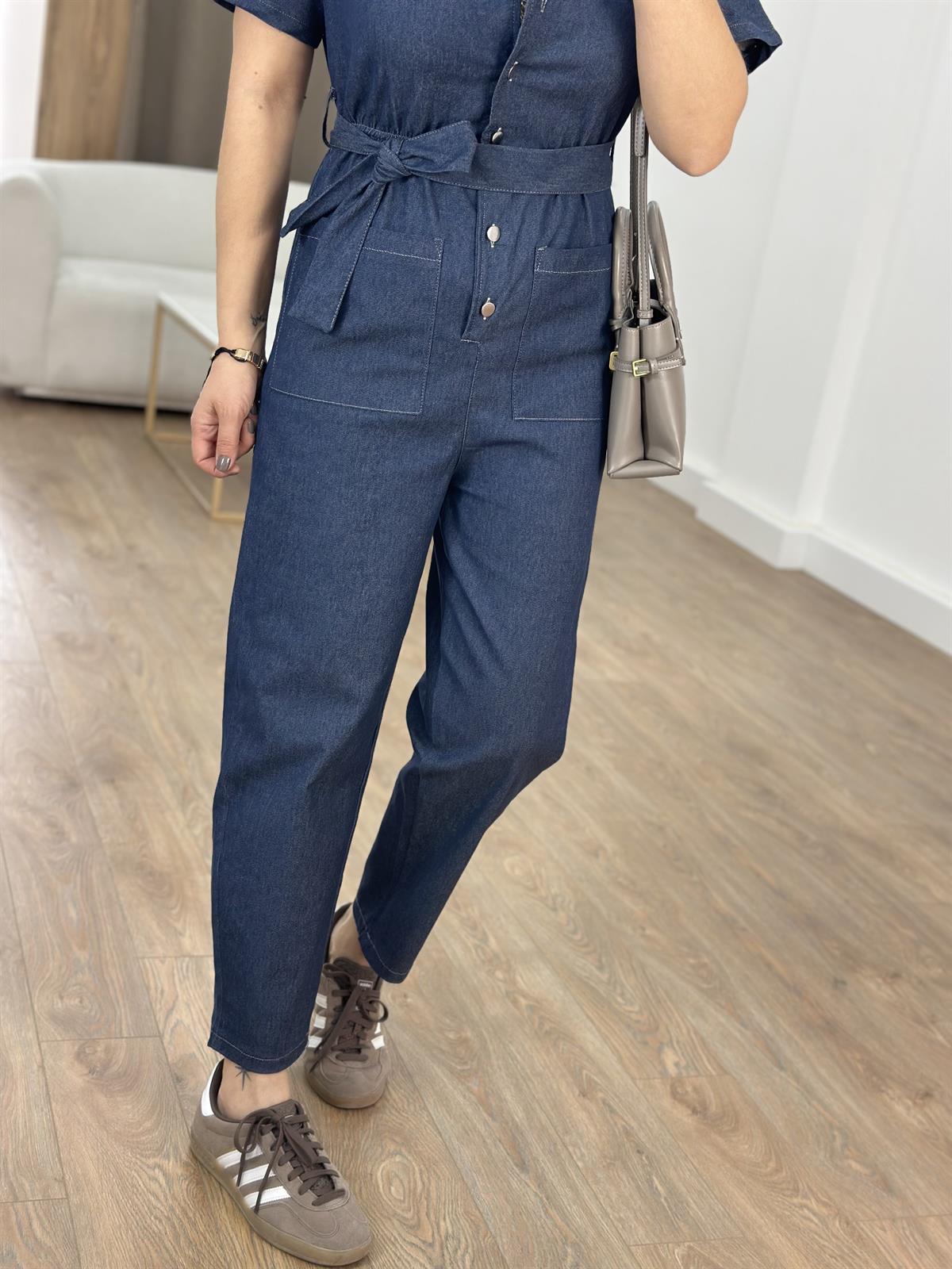 Beli Lastikli Likralı Denim Tulum