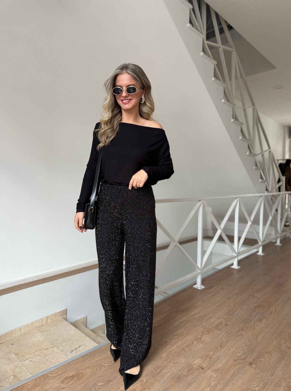 Beli Lastikli Likralı Parıltılı Pantolon