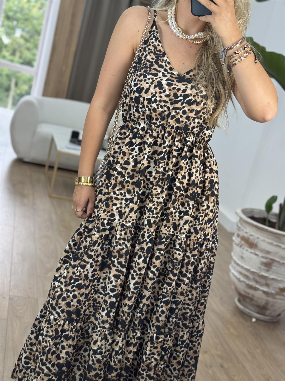 Beli Lastikli Maxi Boy Leopar Elbise