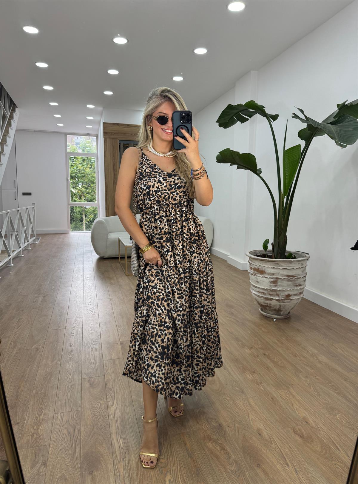 Beli Lastikli Maxi Boy Leopar Elbise