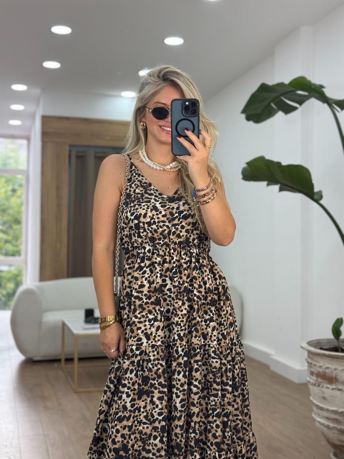 Beli Lastikli Maxi Boy Leopar Elbise