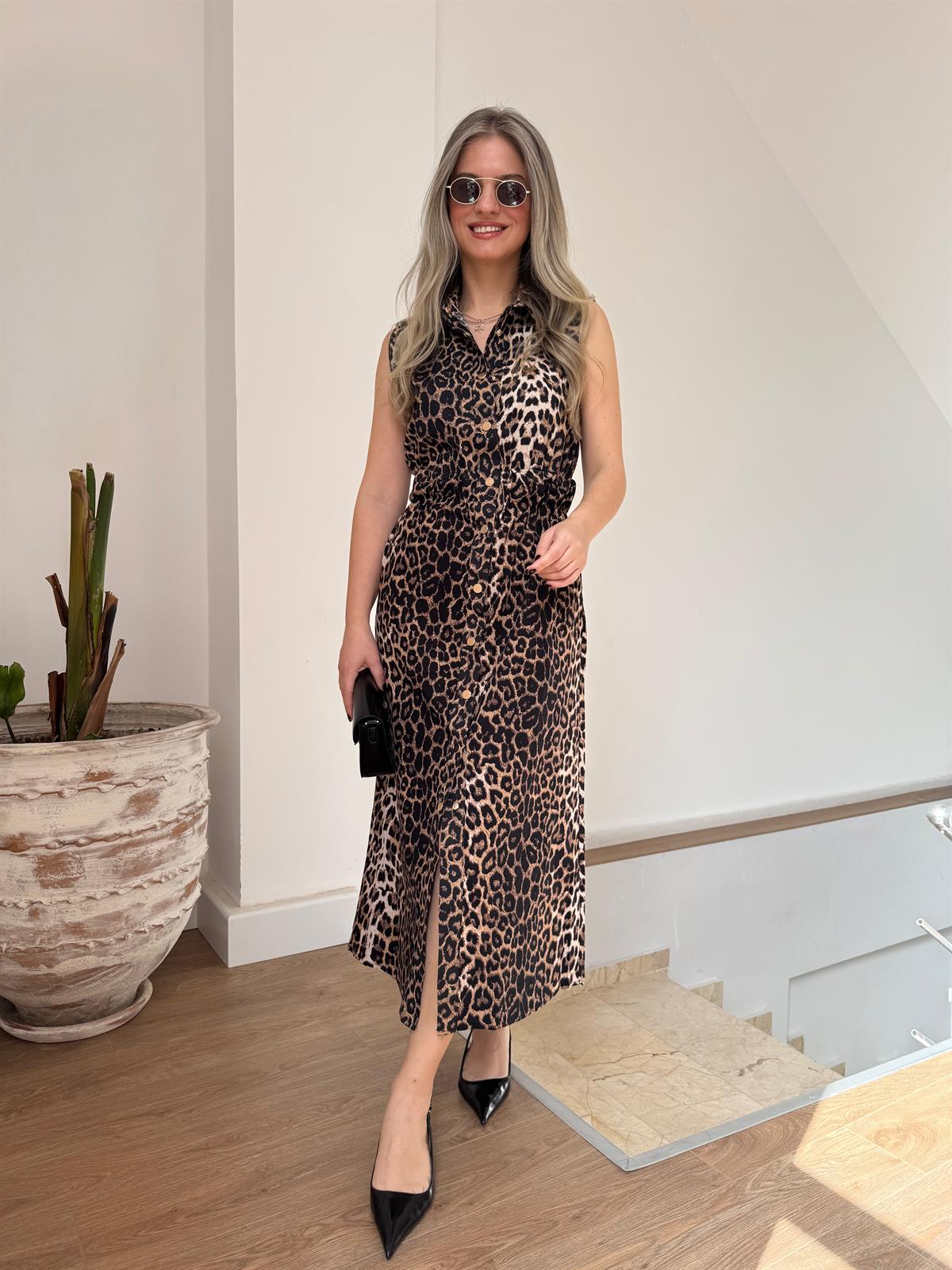 Beli Lastikli Midi Boy Leopar Elbise 