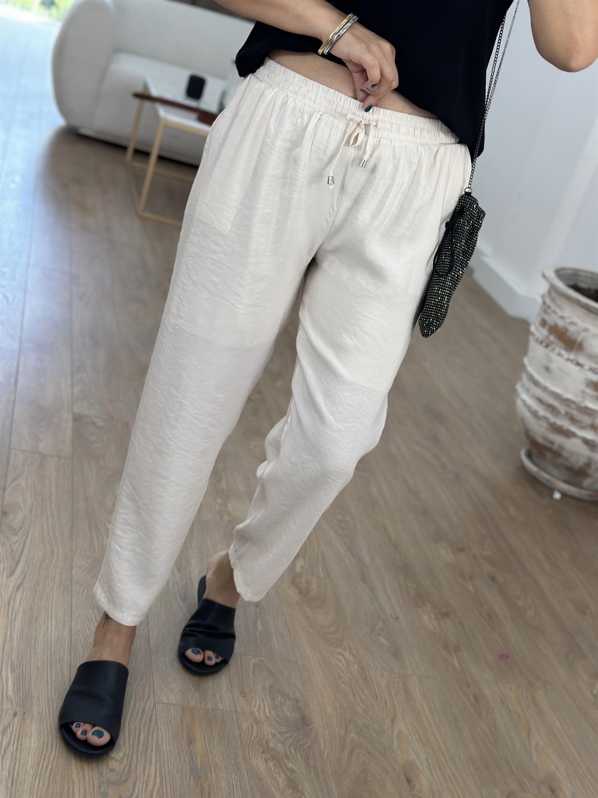Beli Lastikli Modal Pantolon-Bej
