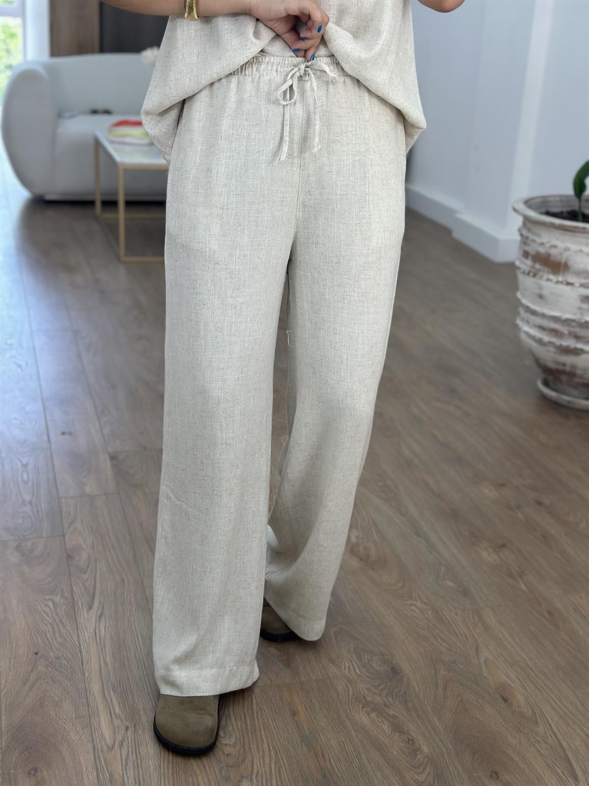 Beli Lastikli Naturel Keten Pantolon