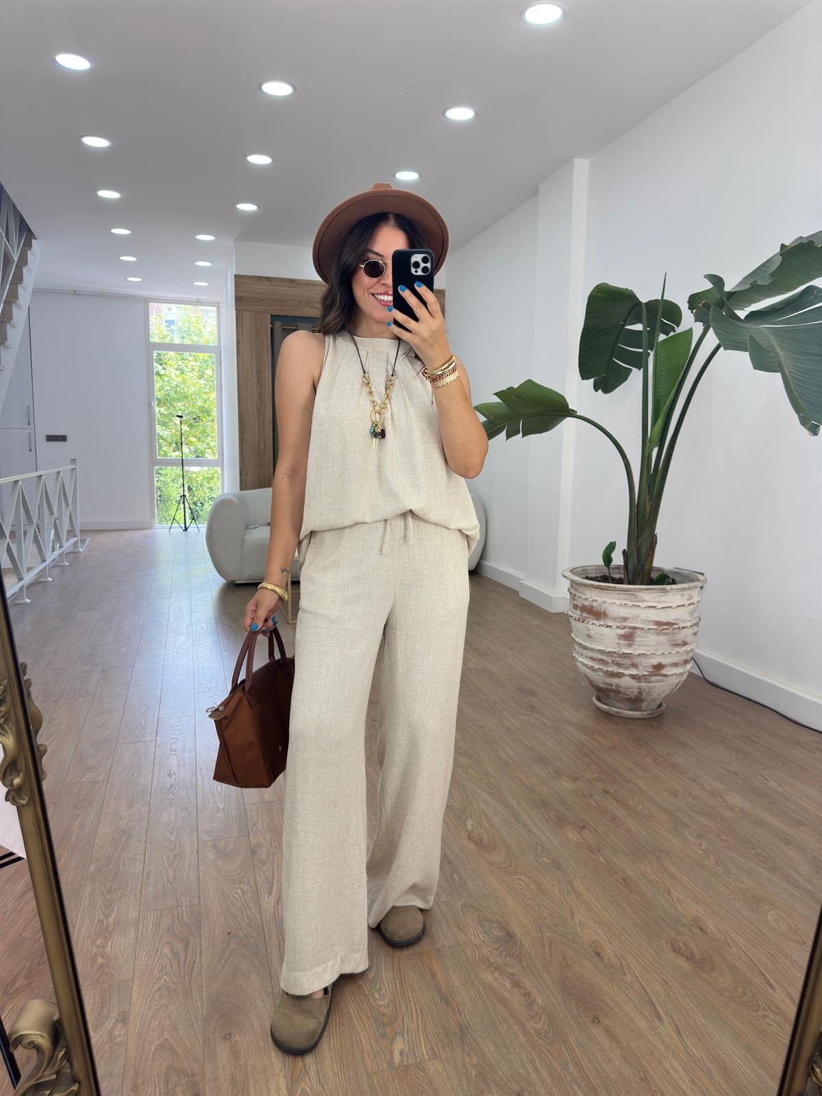 Beli Lastikli Naturel Keten Pantolon