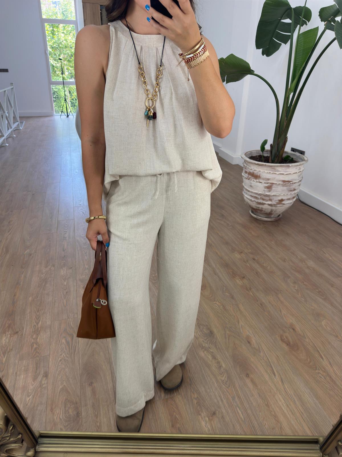 Beli Lastikli Naturel Keten Pantolon