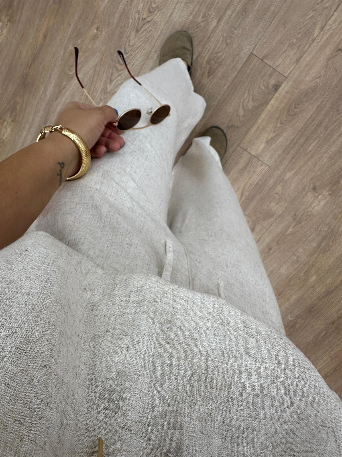 Beli Lastikli Naturel Keten Pantolon