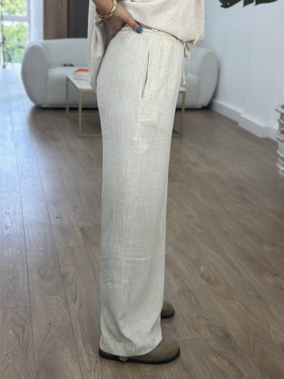 Beli Lastikli Naturel Keten Pantolon