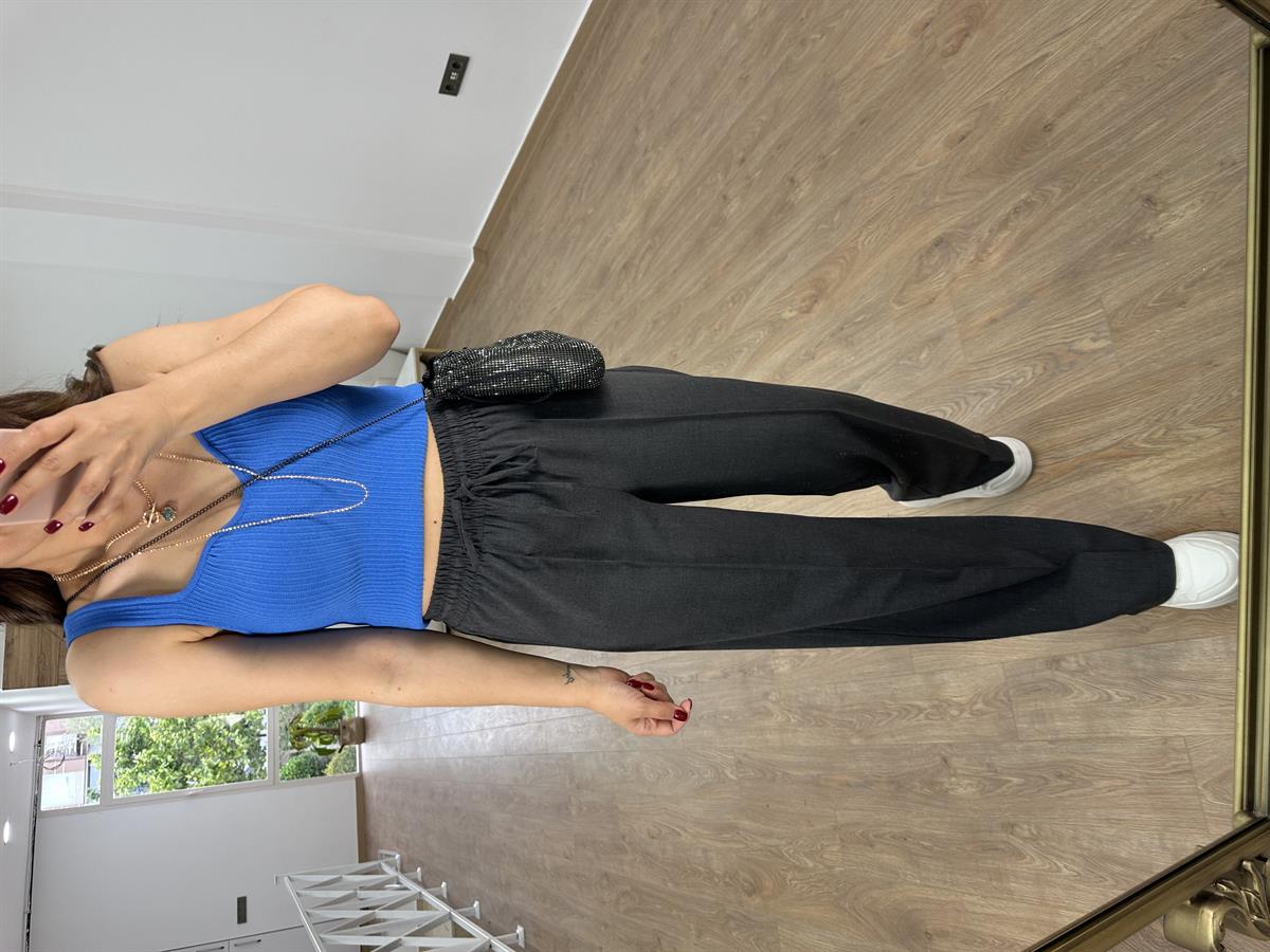 Beli Lastikli Önden Çımalı Palazzo Pantolon-Füme