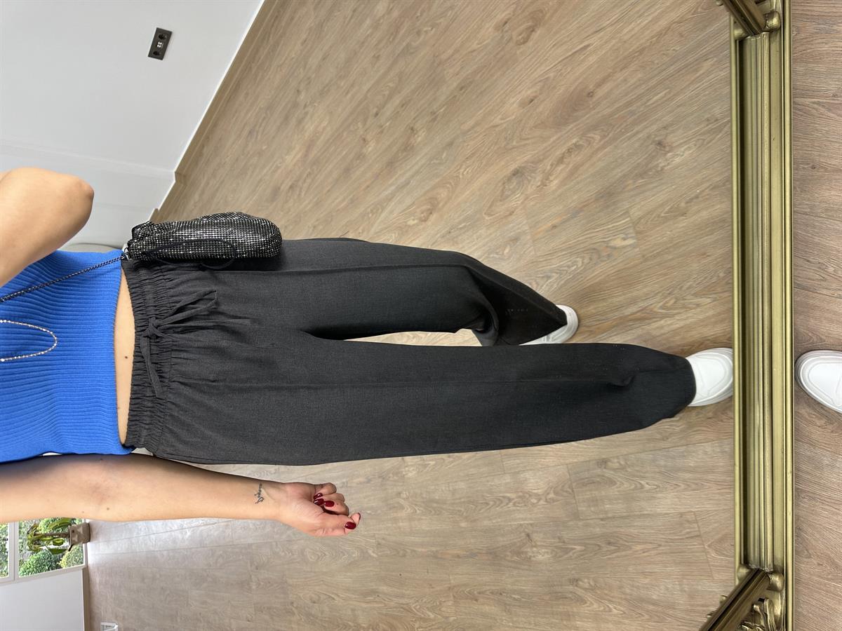 Beli Lastikli Önden Çımalı Palazzo Pantolon-Füme