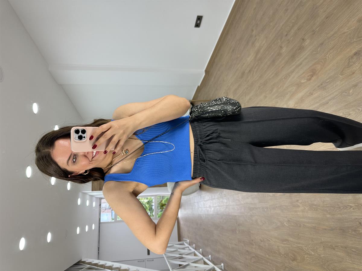 Beli Lastikli Önden Çımalı Palazzo Pantolon-Füme