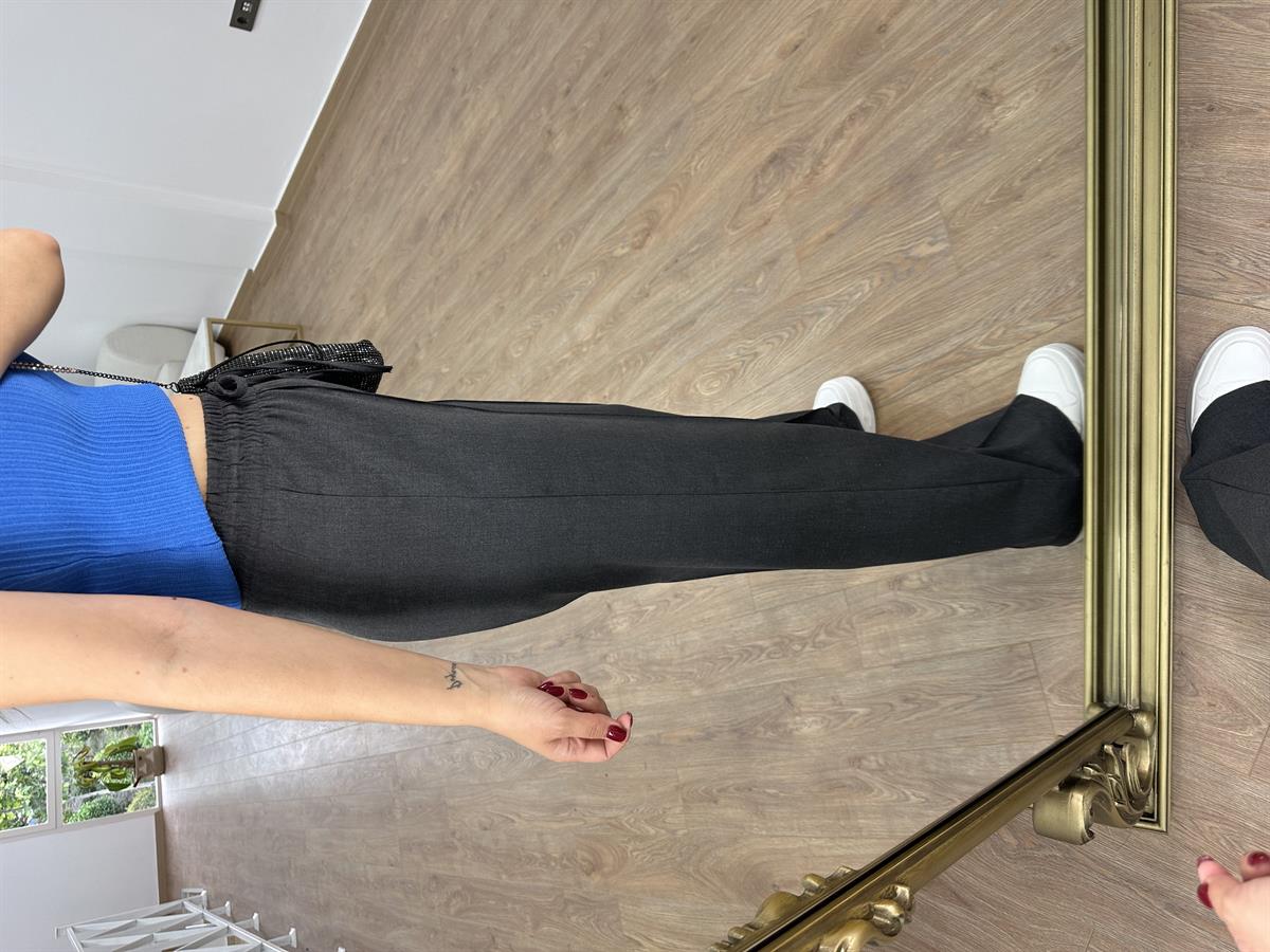 Beli Lastikli Önden Çımalı Palazzo Pantolon-Füme