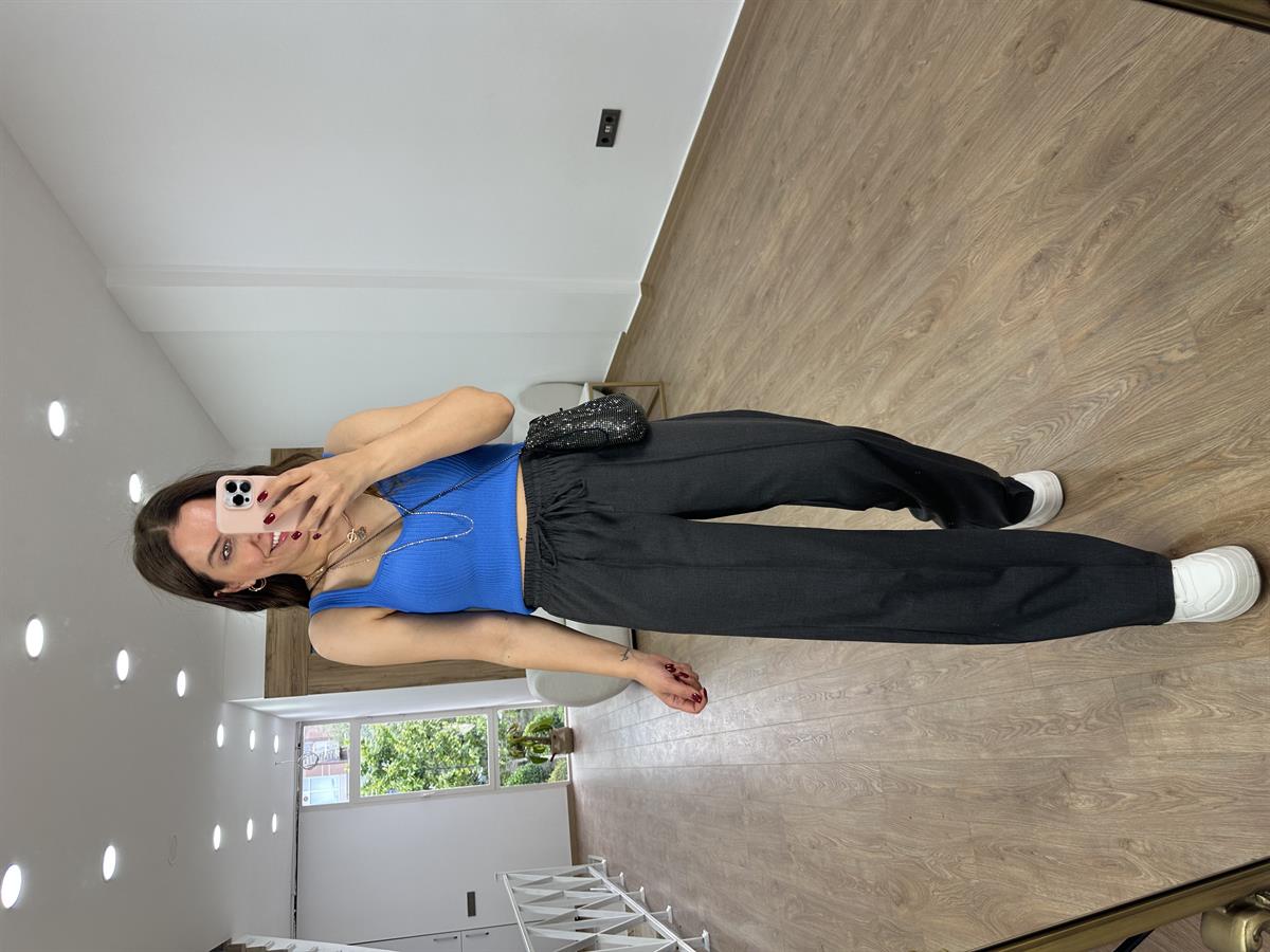 Beli Lastikli Önden Çımalı Palazzo Pantolon-Füme