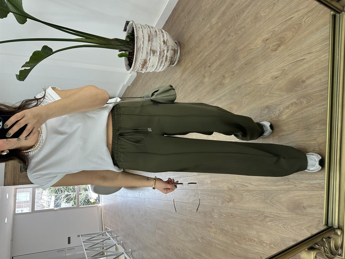 Beli Lastikli Önden Dikiş Detaylı Palazzo Pantolon-Haki