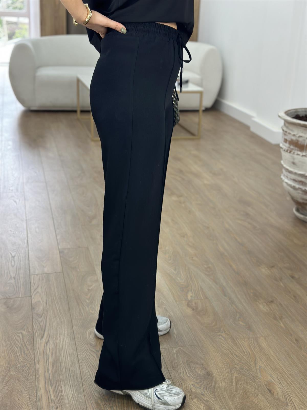 Beli Lastikli Önden Dikiş Detaylı Palazzo Pantolon-Siyah