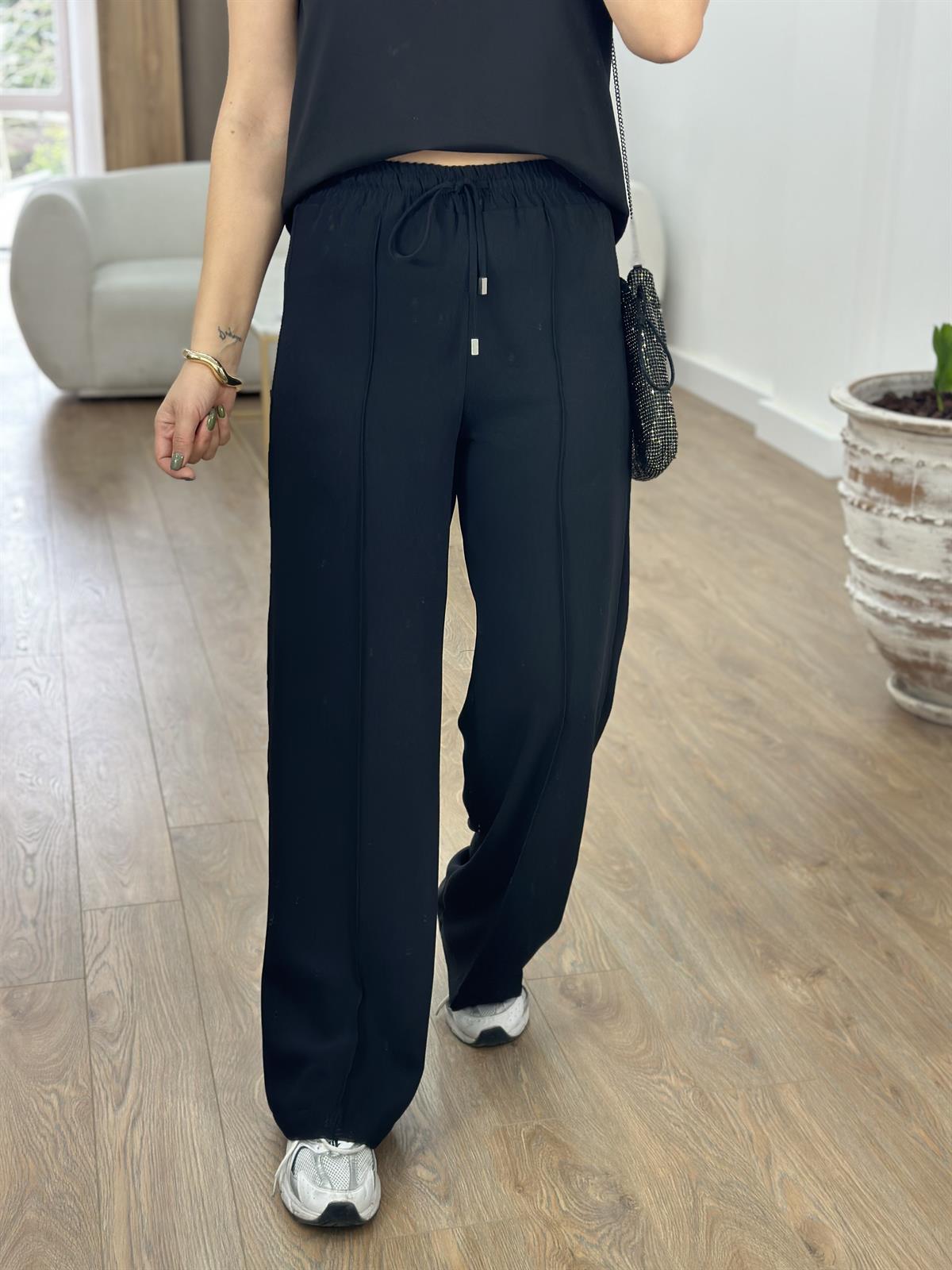 Beli Lastikli Önden Dikiş Detaylı Palazzo Pantolon-Siyah