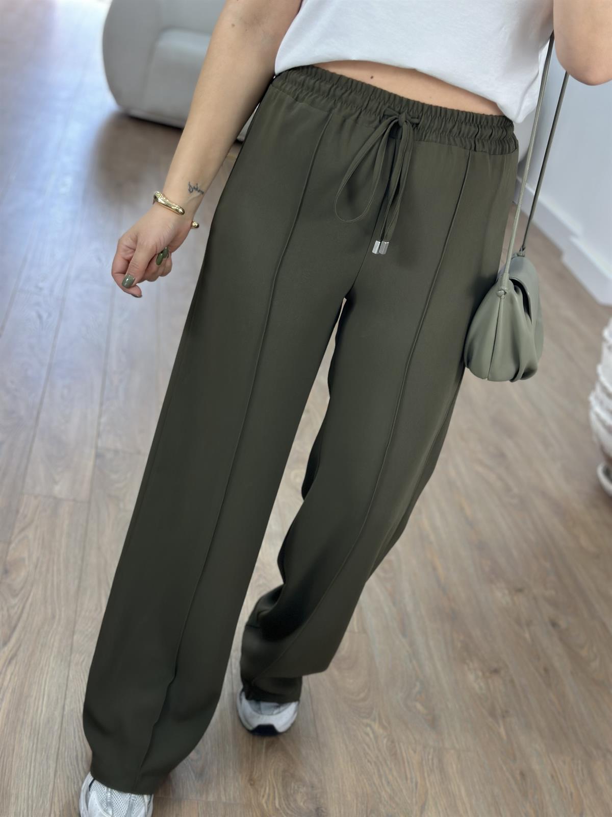 Beli Lastikli Önden Dikiş Detaylı Palazzo Pantolon-Haki